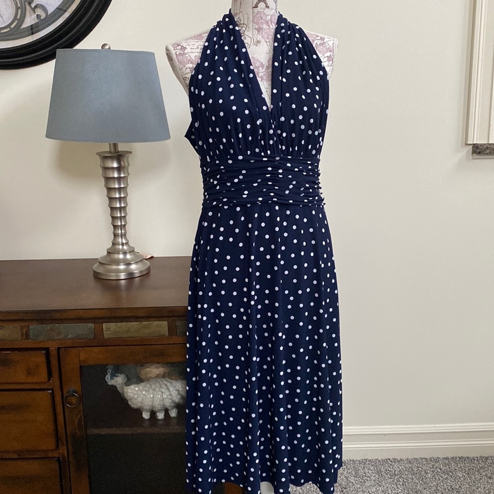 EUC Evan-Picone Navy & White Polka Dot A-Line Dress 12
